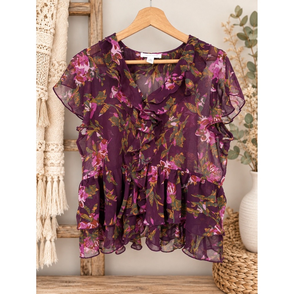 Treasure & Bond Ruffle Blouse Womens XS Purple Floral Sheer Peplum Short Sleeve